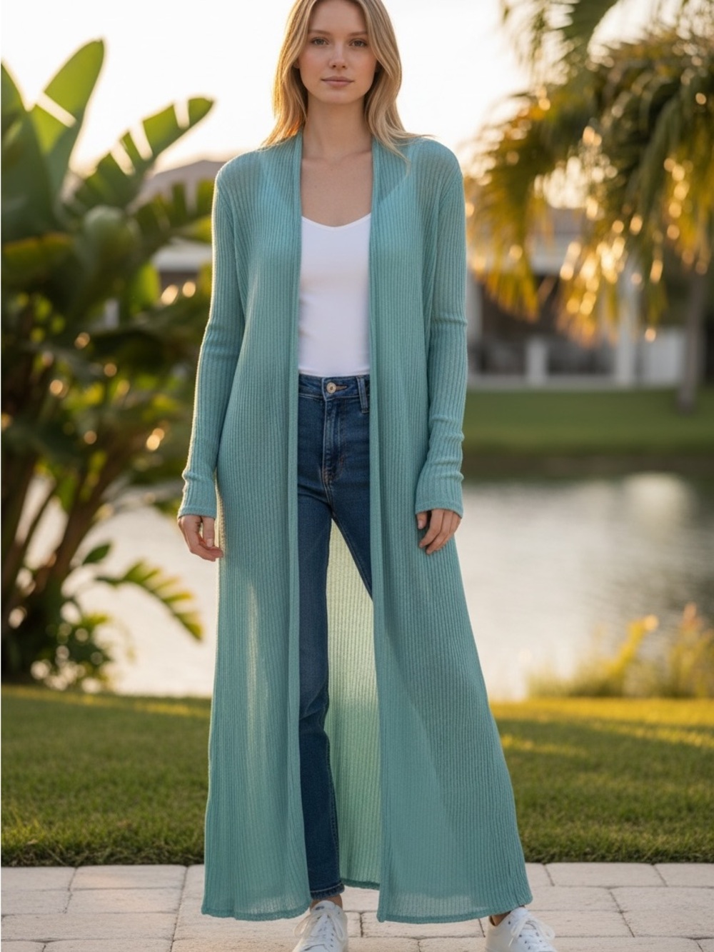 TSE Teal Sheer Ribbed Long duster